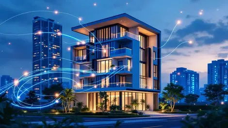 Modern singapore residential building glowing fiber optic cables high speed internet