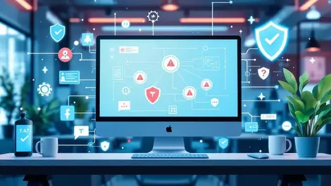 Computer screen network diagram alerts threats abstract digital shields modern office australia