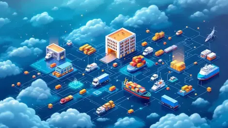 Realistic busy global supply chain network transport cargo warehouses automated data