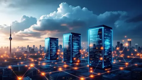 Realistic illustration three modern data centers glowing lines berlin skyline cloud computing