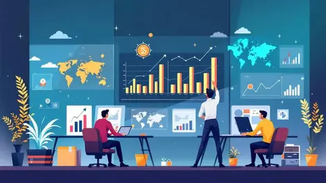 Professional office workers collaborating digital screens business growth