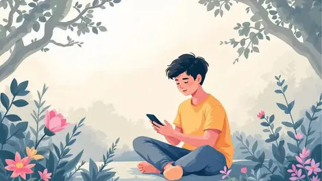 Young singaporean person using smartphone calm nature digital wellness growth