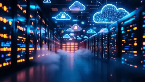 Photorealistic data center glowing server racks digital cloud neural ai security