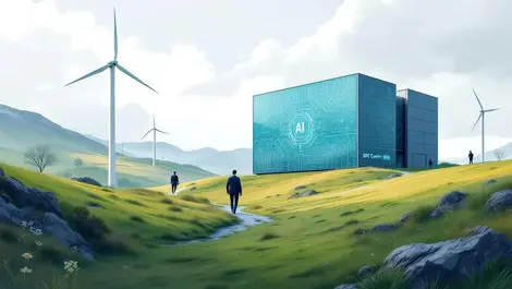 Green scottish hillside data centre with wind turbines ai facade