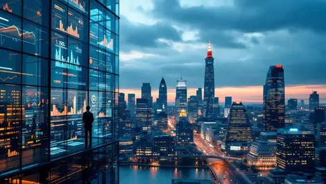 Ai finance executives london frankfurt glass tower dusk skyline