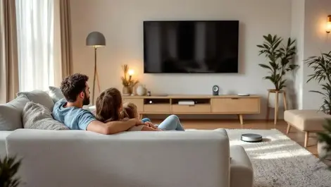 Bright uk living room family with multiple visible smart devices