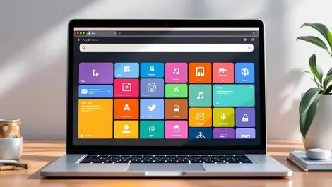 3d laptop on wooden desk with colorful modular web app tiles