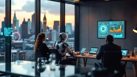 Modern london office meeting ai collaboration robot dashboard view