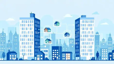 Uk city housing tech integration interlocking buildings illustration