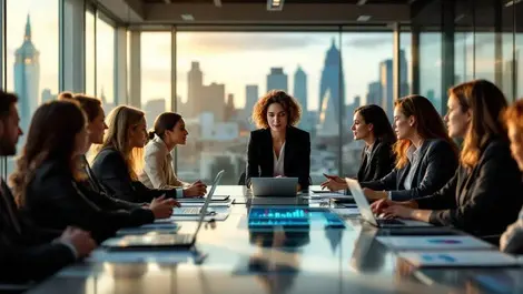 Modern london fintech boardroom women leading tech finance meeting