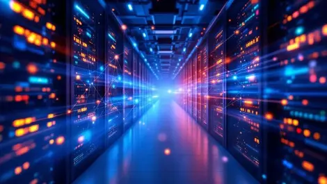 Cinematic data center with colorful data streams and media links