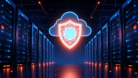 Modern datacenter glowing shield ai quantum safe network security