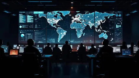 Corporate cyberattack command center world map dashboards scene