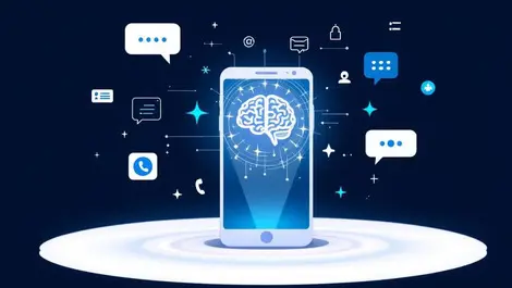 Multi channel communication smartphone glowing ai brain icon blue